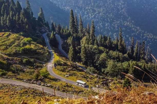 Scenic high altitude mountain road aerial view in the Himalayan region of Almora Uttarakhand India.